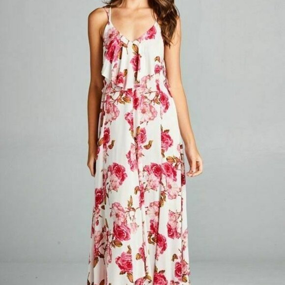 AAKAA Boho Ivory Pink Floral Lace-up Maxi Dress - Picture 5 of 5